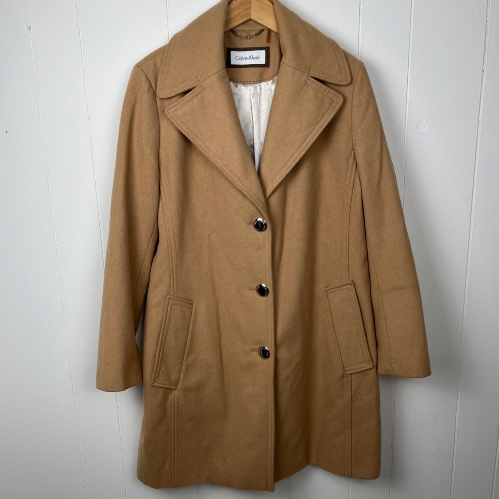 Calvin Klein Womens Camel Wool Blend Button Front Coat Size XL Single Breasted